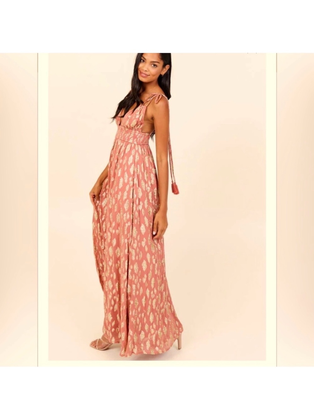 Altar'd State Coral Pink Maxi Dress with Gold Leaf Print